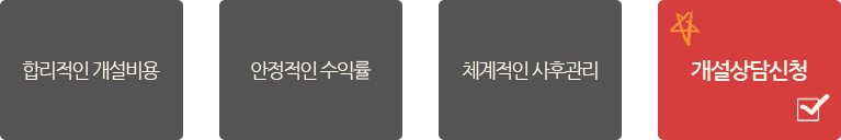 합리적인 개설비용 → 안정적인 수익률 → 체계적인 사후관리 → 개설상담신청