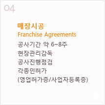 4. 매장시공 Franchise Agreements - 공사기간 약 6~8주, 현장관리감독, 공사진행점검, 각종인허가(영업허가증/사업자등록증)